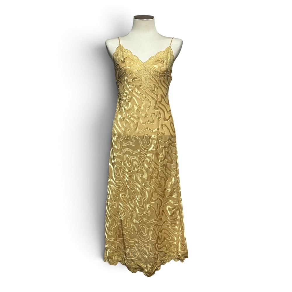 Victoria's Secret 90s Sheer Lace Midi Length Slip Chemise Nightgown Gold Small